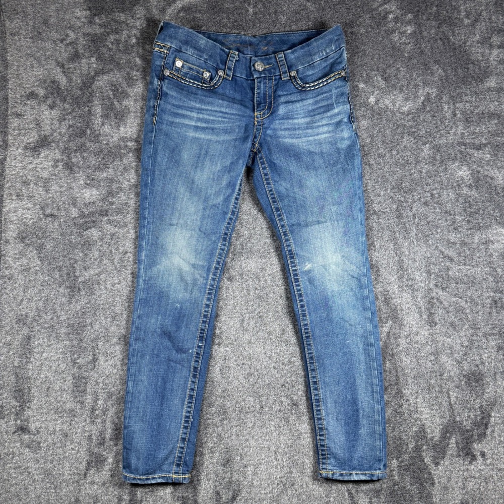 Seven7 Women Blue Skinny Jeans Size 8 Medium Wash Embellished Thick Stitch Denim